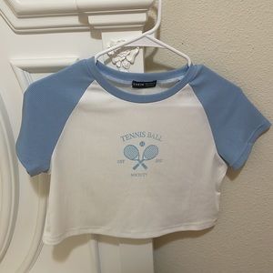 Colorblock Tennis Ball Society Crop Top Shirt/SHEIN/Blue and White